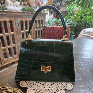 Hunter Green croc embossed Italian leather handbag